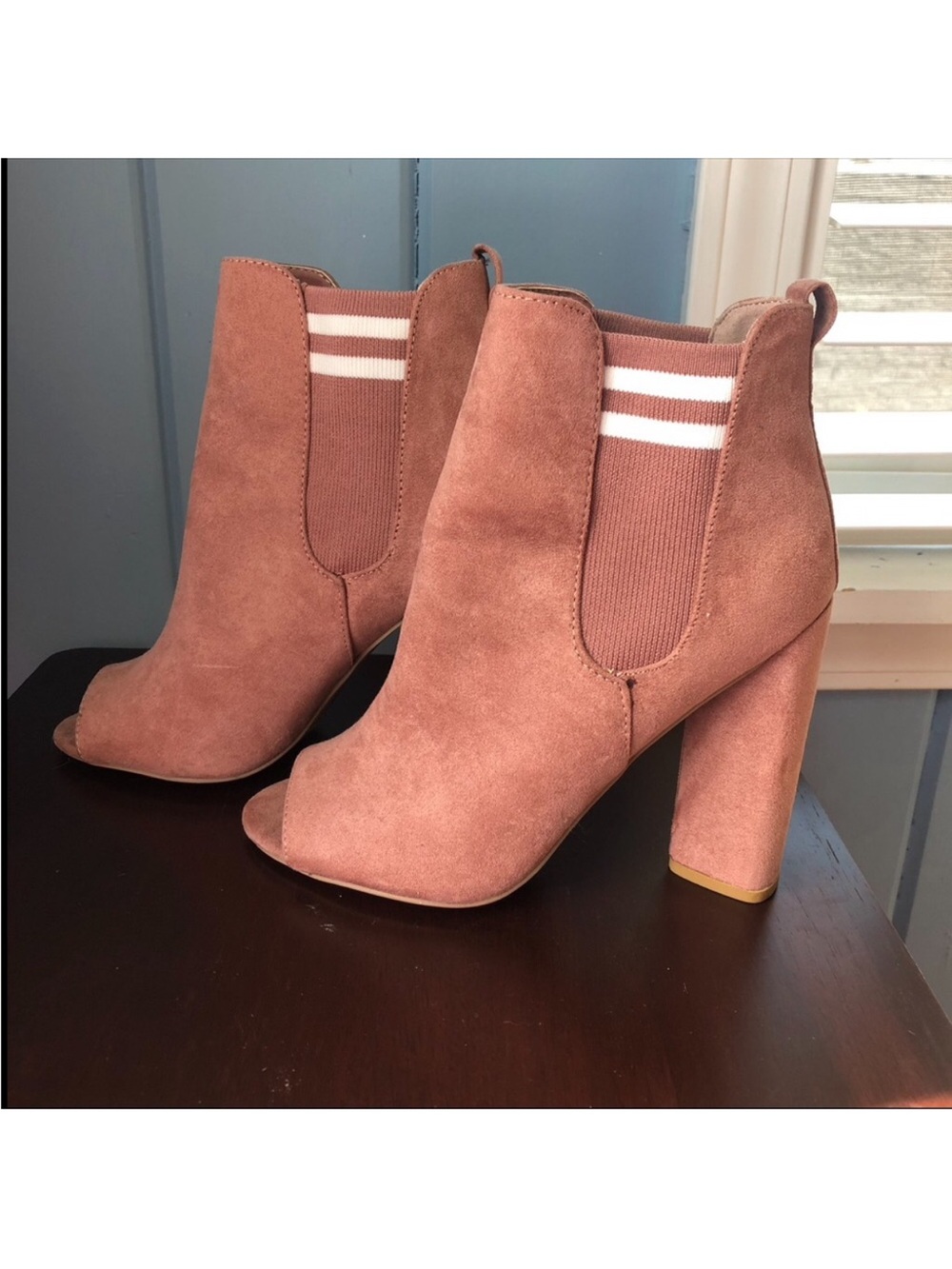 SHEIN Dusty Rose Suede Open-Toe Chunky Block Heel Sock Booties